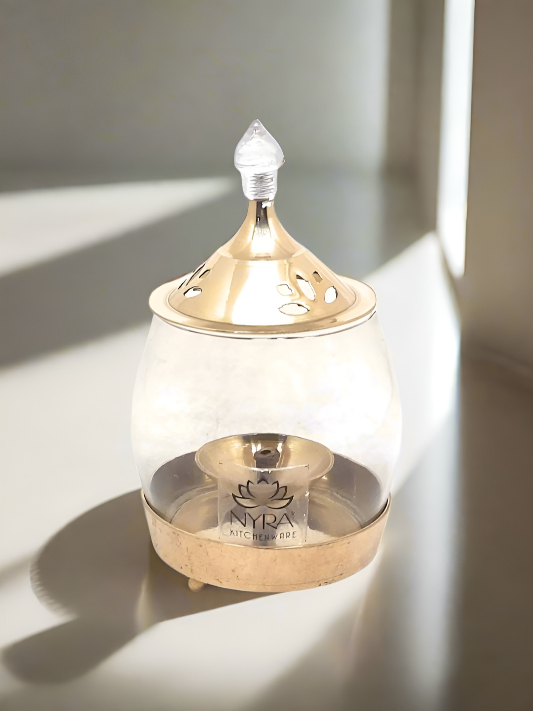 Nyra Kitchenware Bronze Toned Brass Traditional Diya Stand With Clear Fiberglass Cover