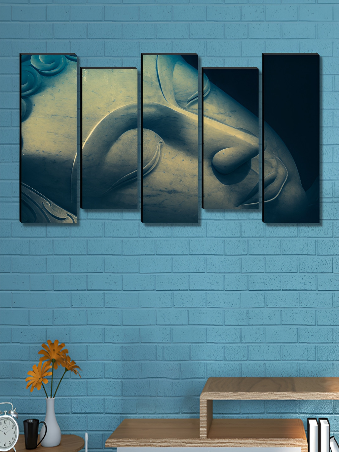 SAF Blue & Grey 5 Piece Buddha Canvas Wall Arts
