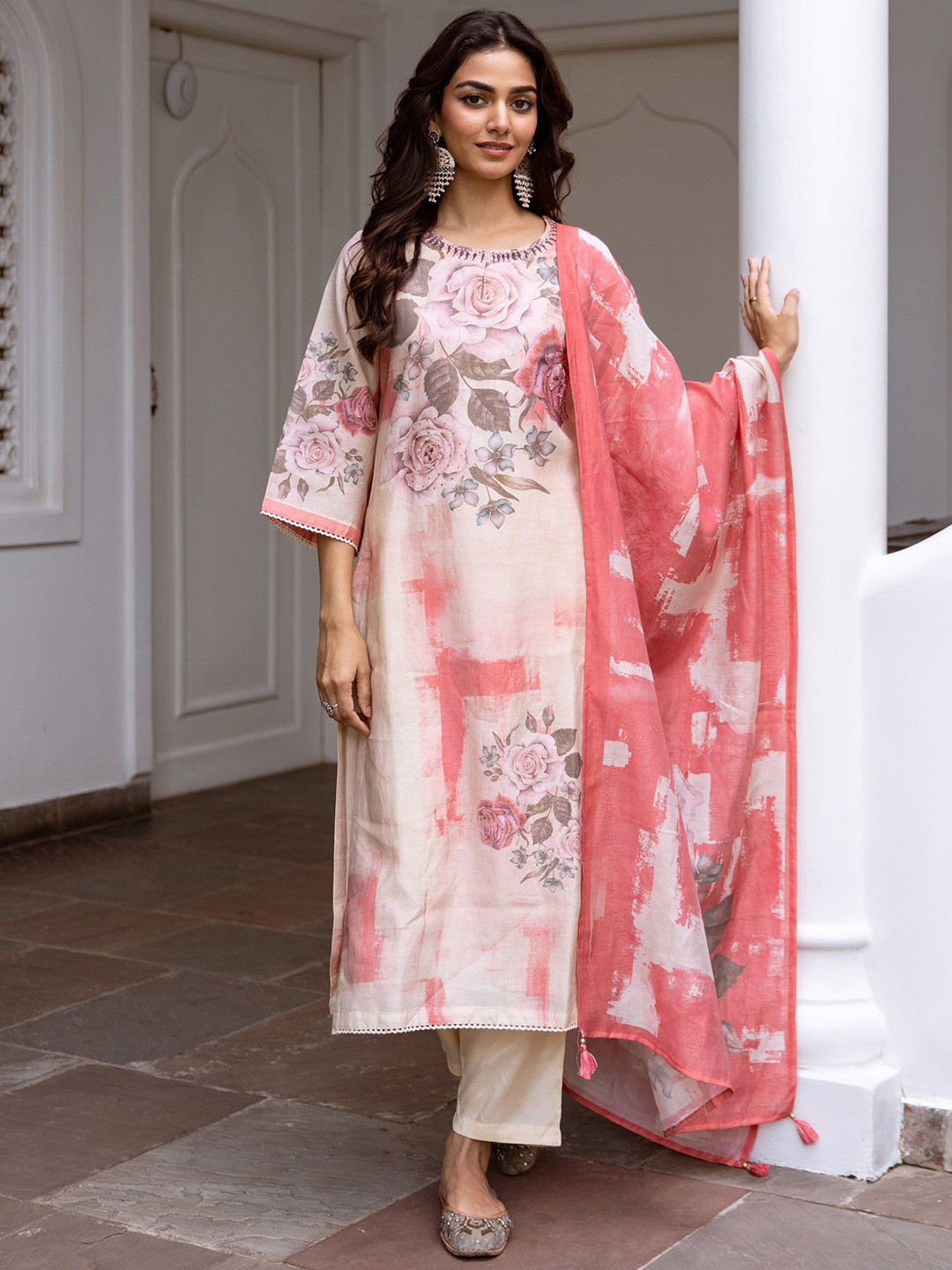 Sangria Floral Printed Keyhole Neck Sequinned Modal Shimmer Kurta & Trousers With Dupatta