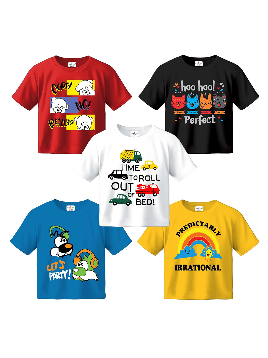 Toddylon Kids Pack Of 5 Graphic Printed Cotton T-shirt