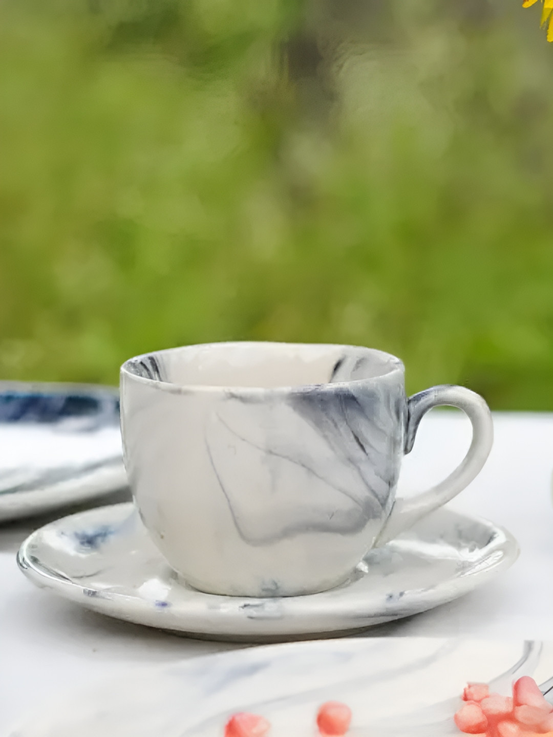 AMALAFIEE CERAMICS Real Gold Line White Marble Ceramic Handmade Cup with Saucer-240ml