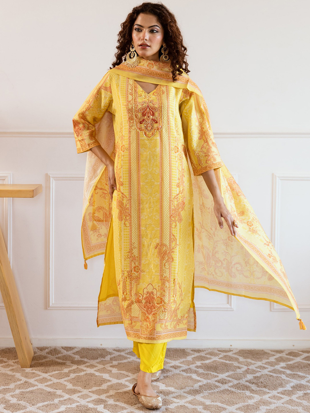 Sangria Floral Printed V-Neck Sequinned Modal Shimmer Kurta & Trousers With Dupatta