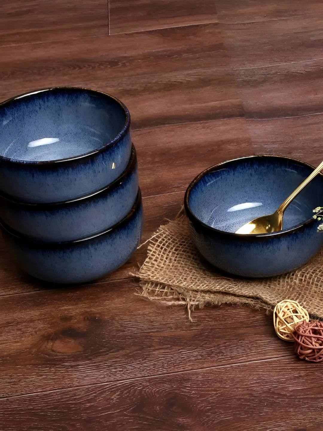 AMALAFIEE CERAMICS Blue 4 Pieces Ceramic Dishwasher and Microwave Safe Soup Bowl
