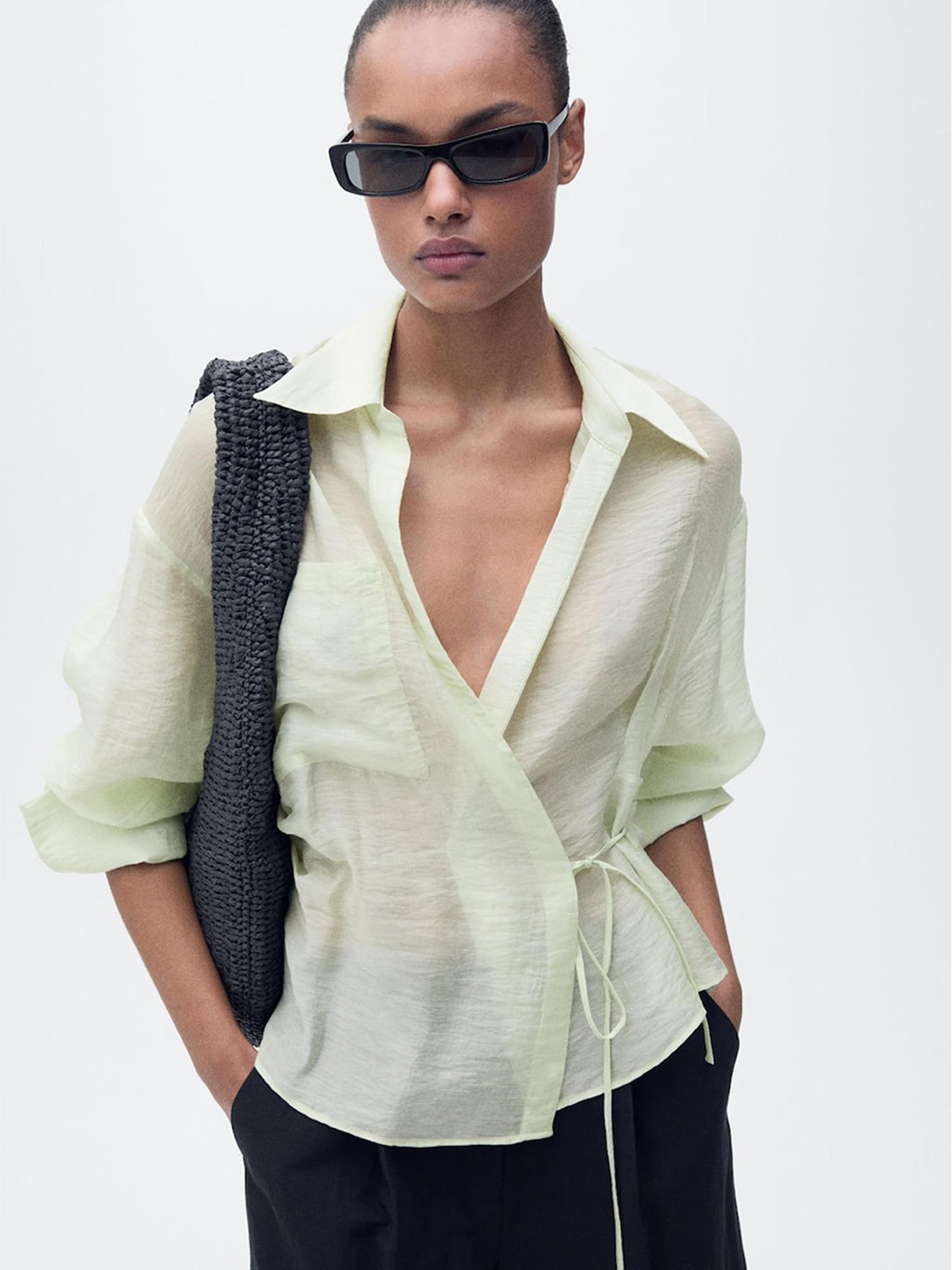 MANGO Crinkled Semi Sheer Wrap Tie-Up Top