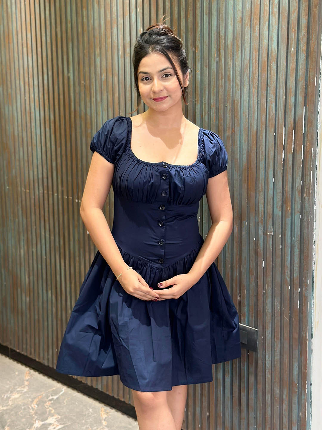 Sugercandy Georgette Square Neck Puff Sleeves Fit and Flare Dress