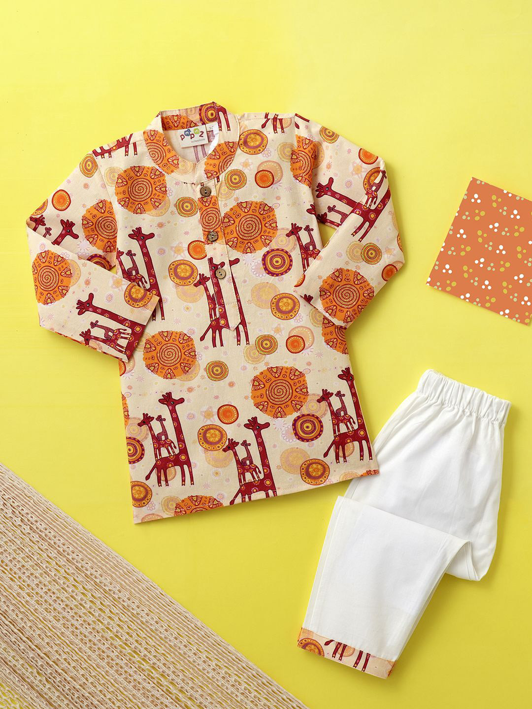 Desi Soota Boys Ethnic Giraffe Motif Printed Pure Cotton Kurta with Pyjamas