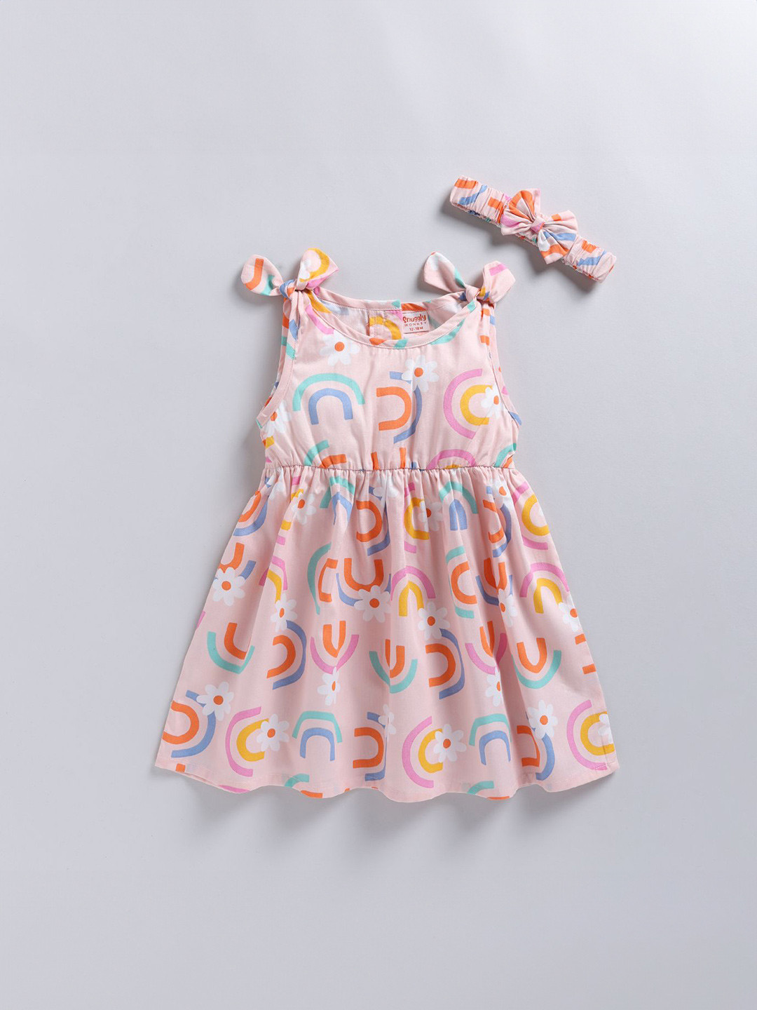 SNUGGLY MONKEY Girls Cotton Shoulder Straps Printed Midi Fit & Flare Dress With Hairband