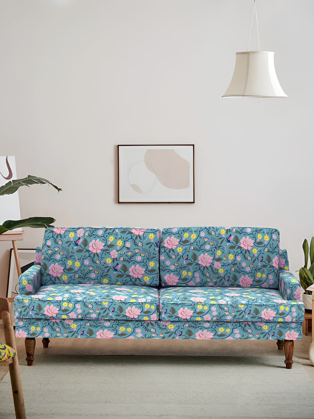 Chumbak Teal-Blue & Yellow Spring Bloom Printed 3-Seater Nawab Couch