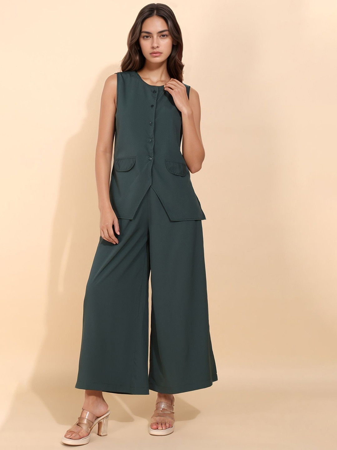 all about you Round Neck Waistcoat With Palazzo