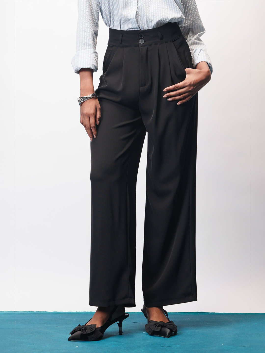 FREAKINS Women Straight Fit  Jet Black Korean Pleated Trousers