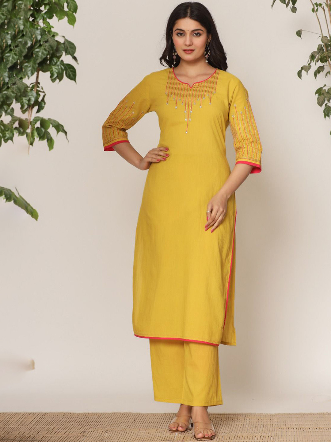 AUTUMN LANE Mika Sunshine Yoke Design Thread Work Pure Cotton Kurta With Palazzos
