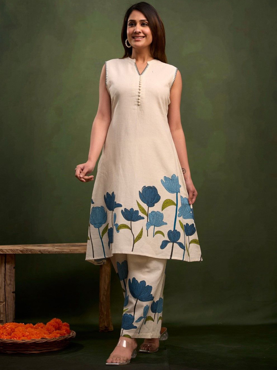 AUTUMN LANE Yash Indi Floral Printed Mandarin Collar A-Line Kurta With Palazzos