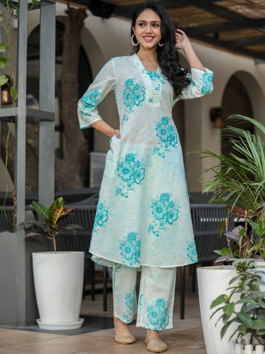 AUTUMN LANE Vanya Turq Floral Printed V-Neck Pure Cotton A-Line Kurta With Palazzos