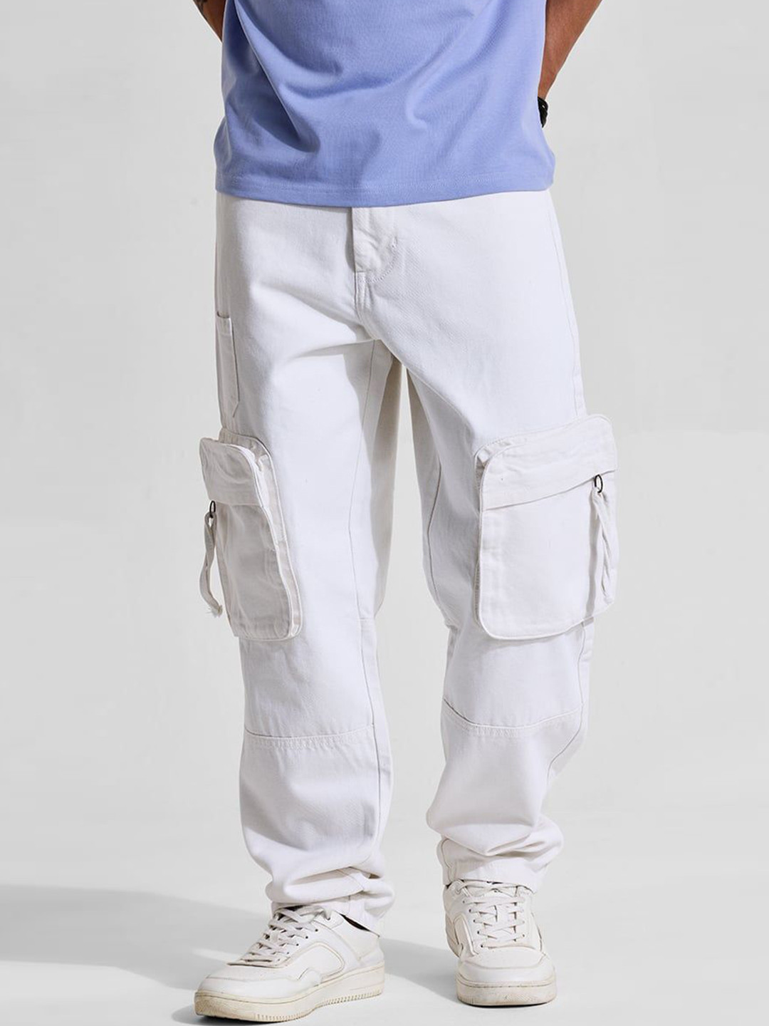 Snitch Men White Baggy Fit Cargo Jeans
