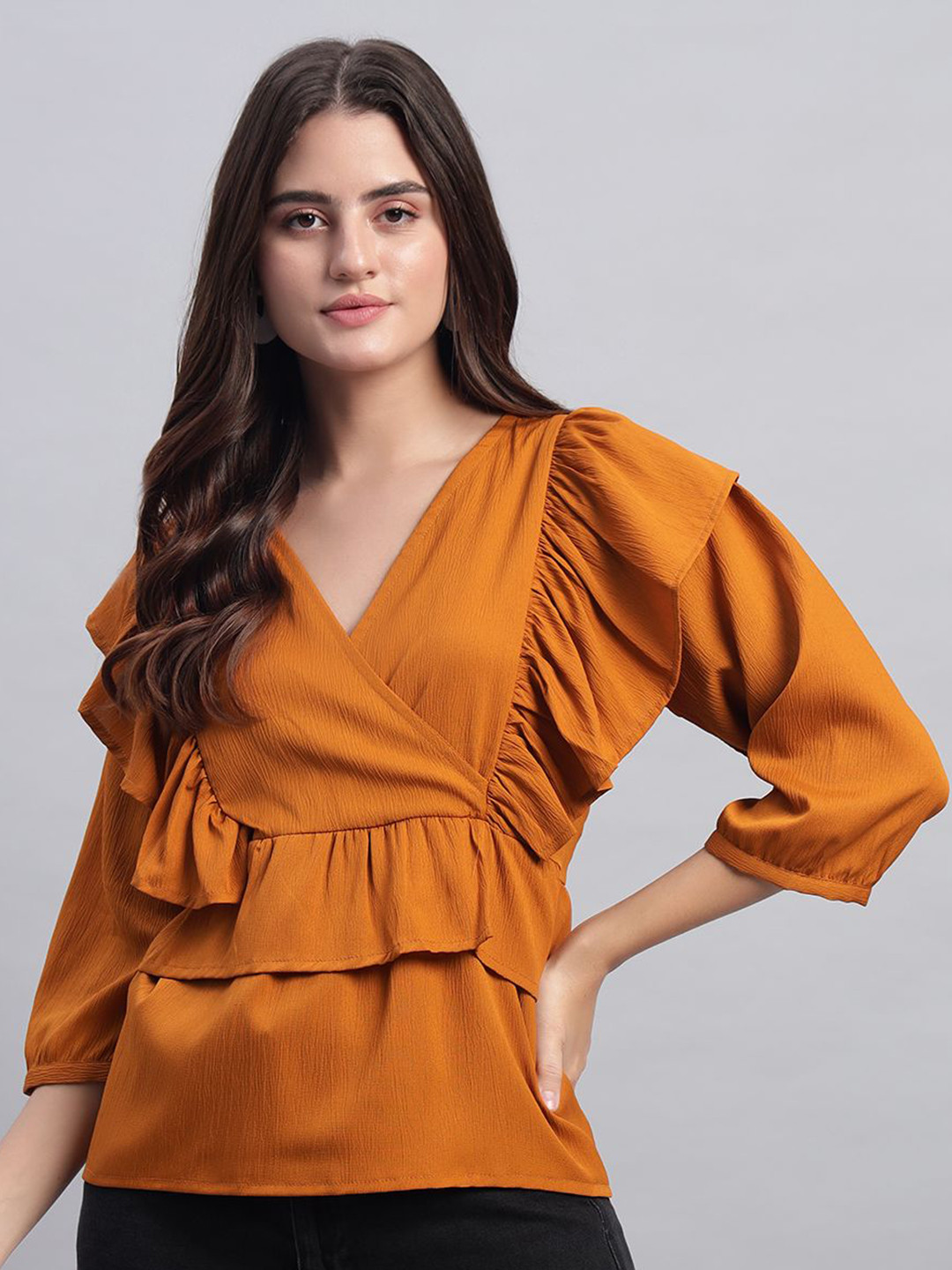 ROSEMELON Women Solid Puff Sleeve Crepe Wrap Top With Ruffles