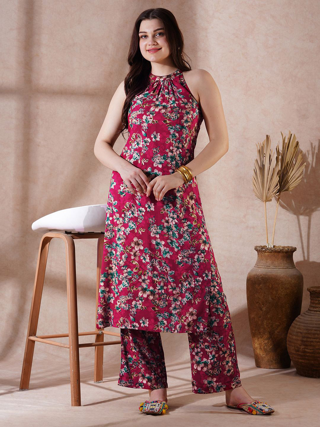 Globus Halter Neck All Over Floral Print Straight Kurta With Pants Fusion Set