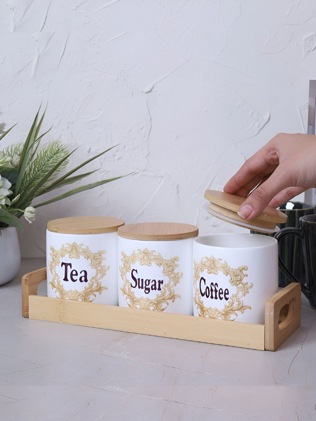 Home 360 White Typography Glass Easy To Clean 4 Piece Flip Top Canister-400ml