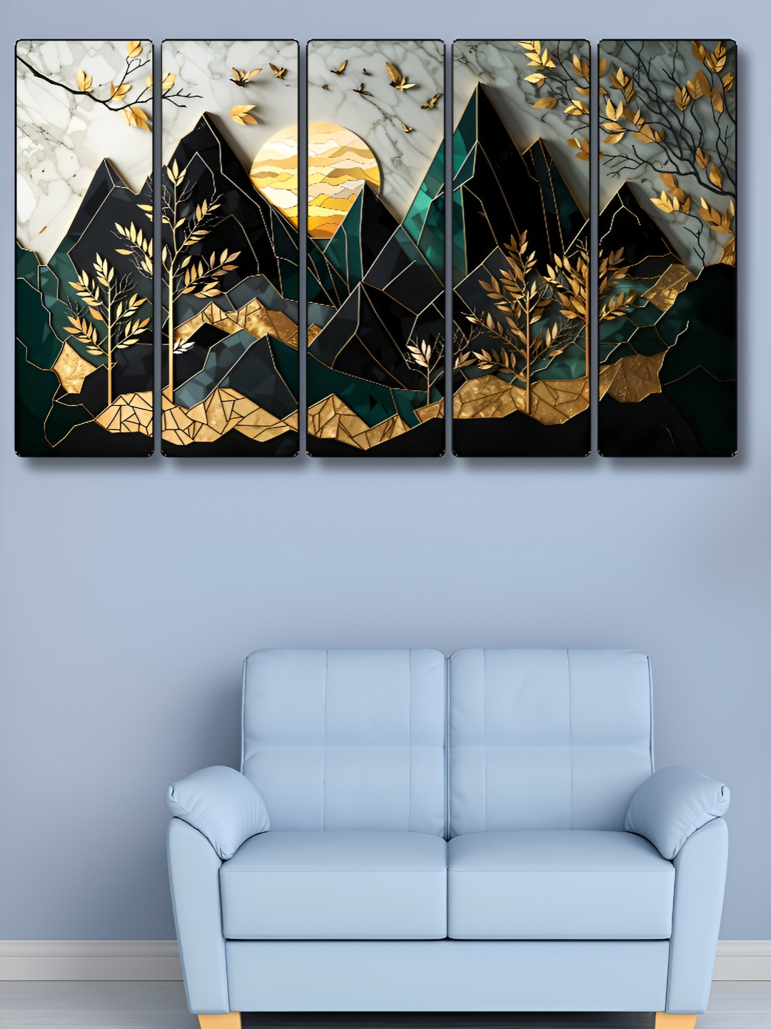 Aura Green & Cream-Coloured 5 Pieces Mountain Sun Printed Wooden Wall Paintings