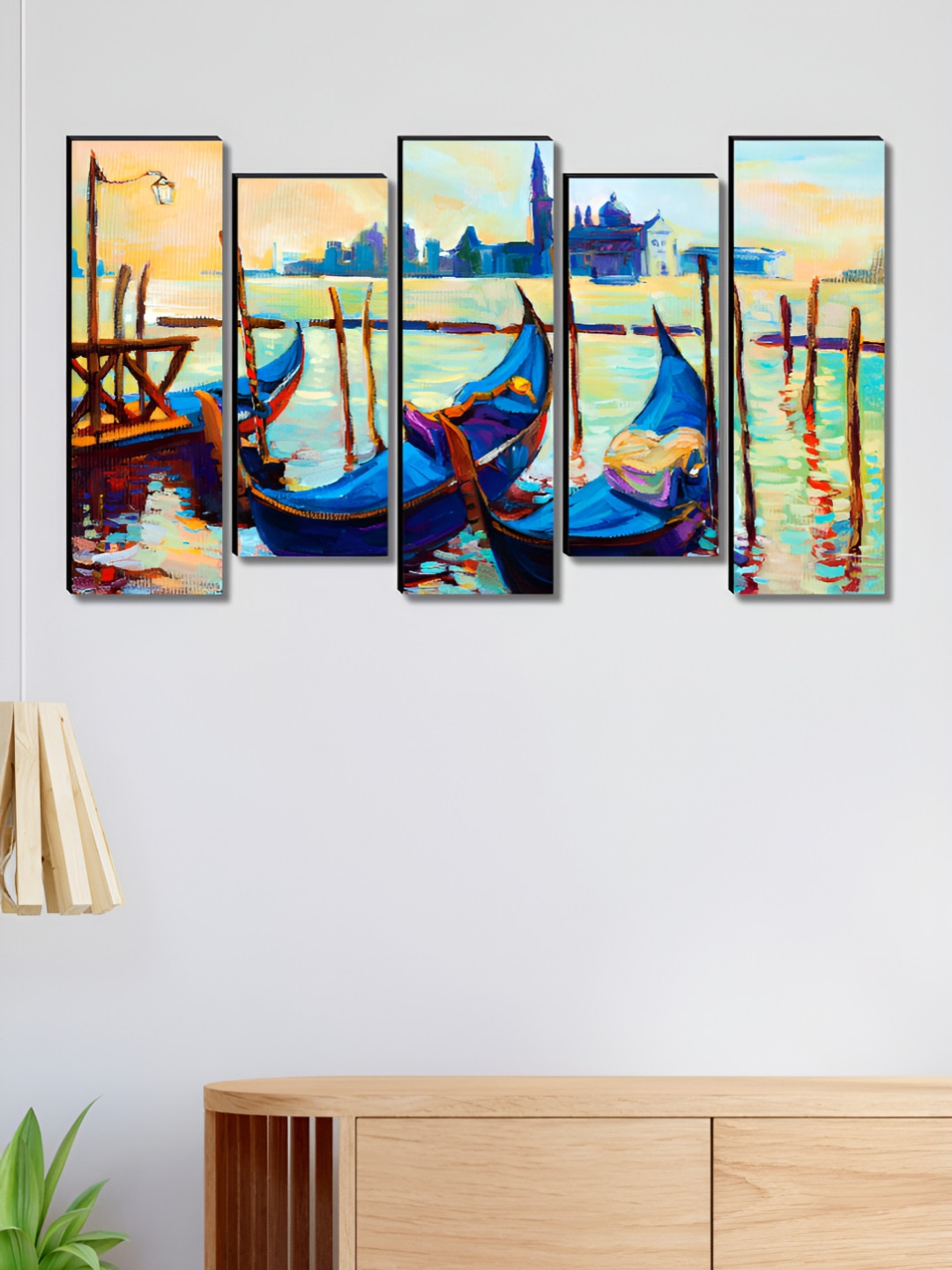 SAF Blue & Brown 5 Pieces Boats Wooden Wall Arts