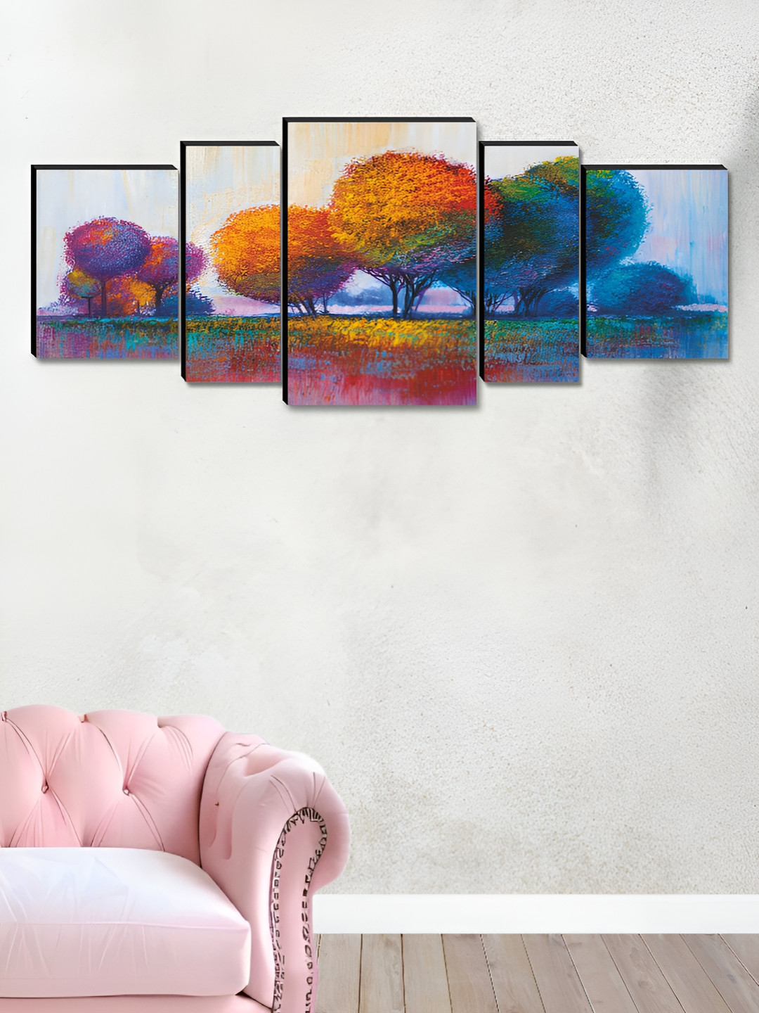 SAF Blue Wood 5 Pcs Wall Living Room Rectangle Potrait Paintings Wall Art -1.06 x 17.72In