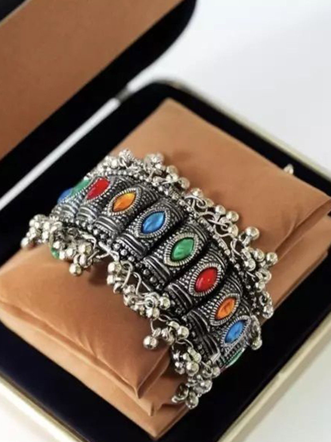 SZN Set Of 2 Stones Studded With Ghungroo Beaded Oxidised & Spiral Bangles