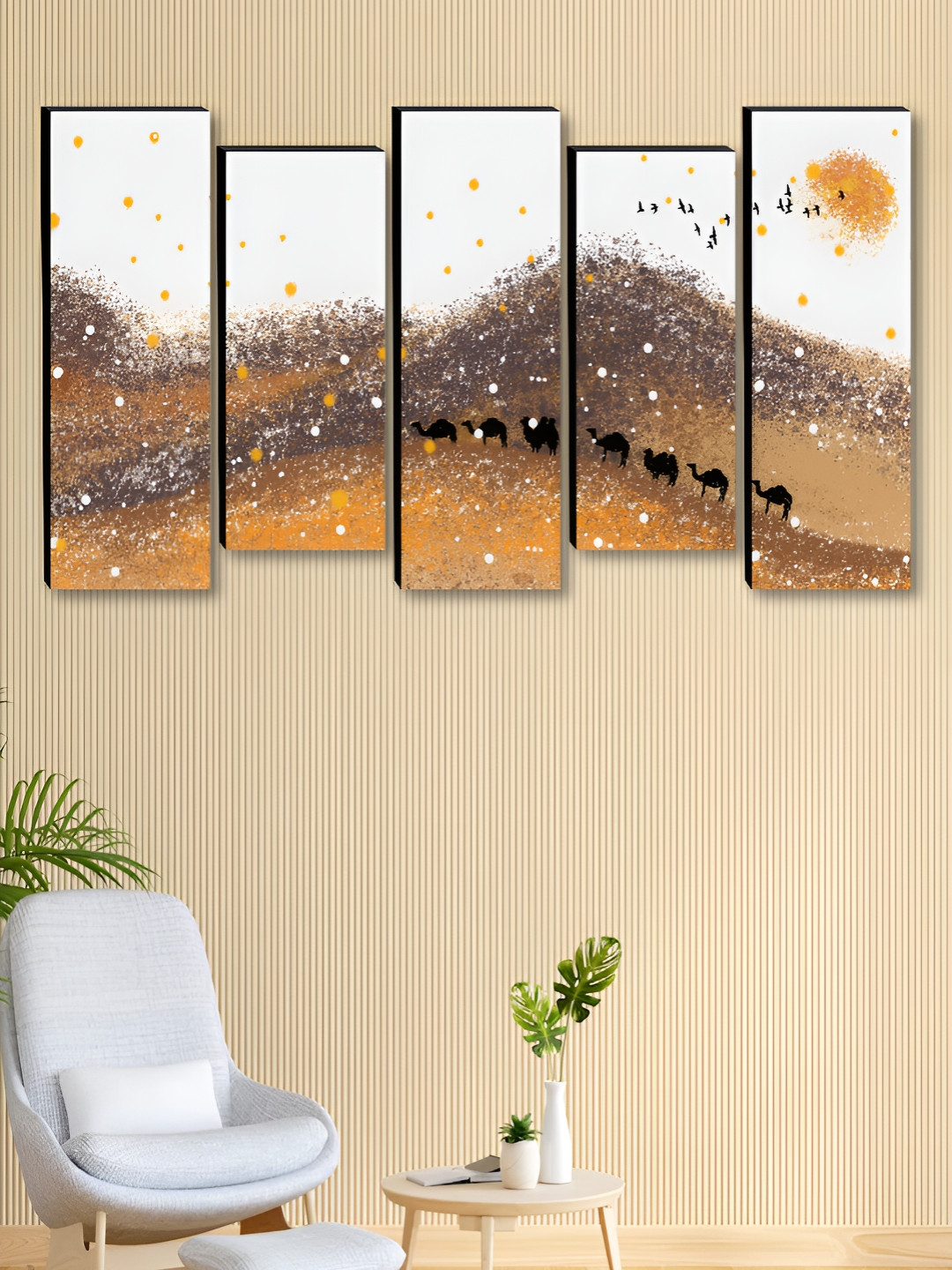 SAF White & Yellow 5 Pieces Camels Printed Wooden Wall Arts