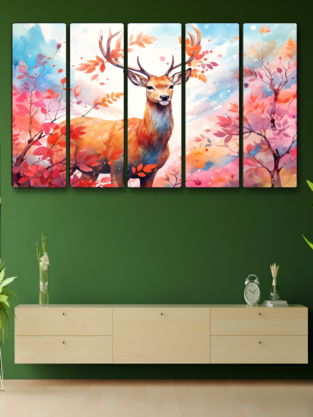 Aura Pink & Orange 5 Pieces Wooden Animals Wall Paintings