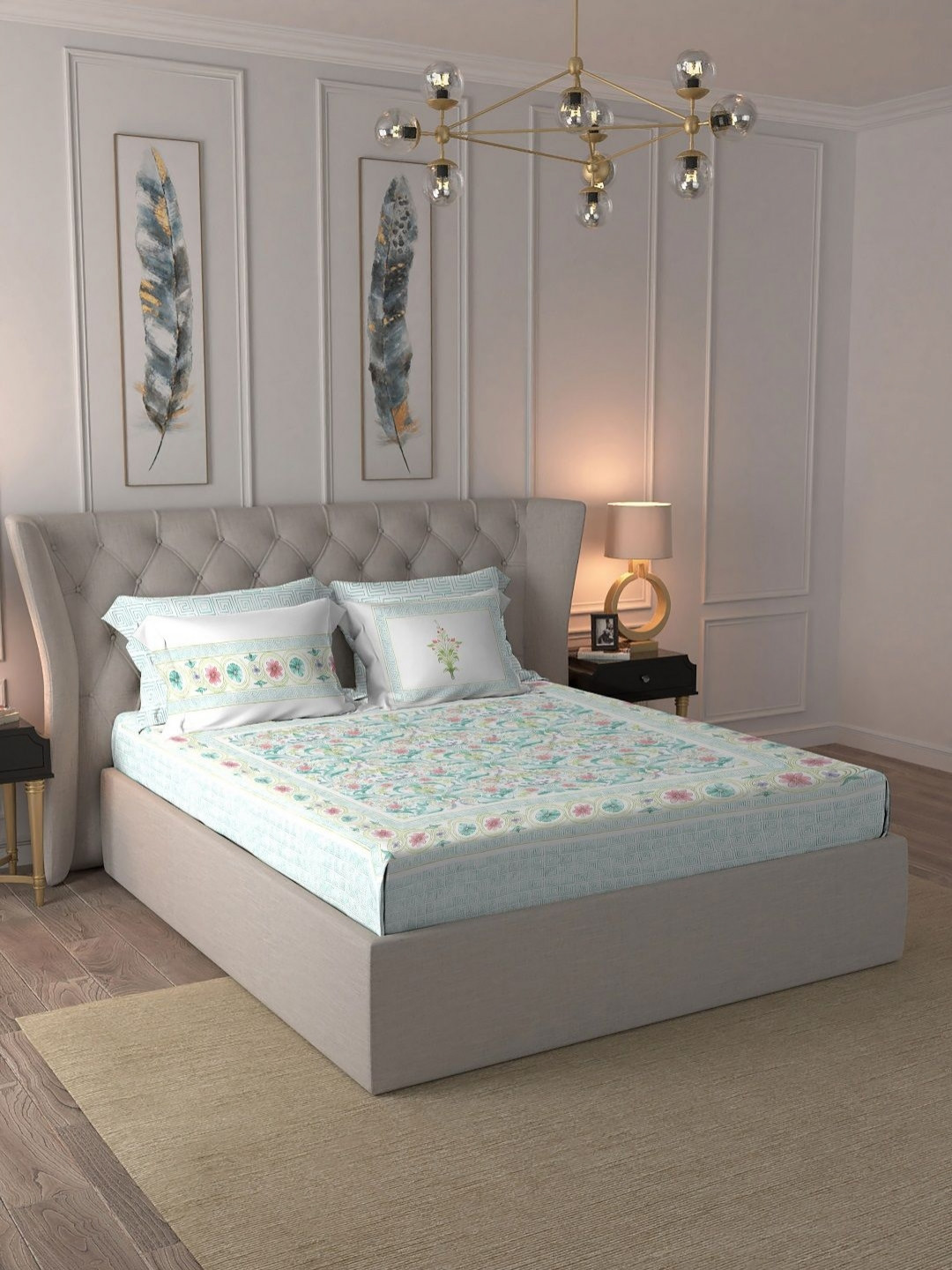 MYTRIDENT Indulgence Painterly White Floral Pure Cotton 300 TC King Bedsheet with 4 Pillow Covers-108 x 108 inches