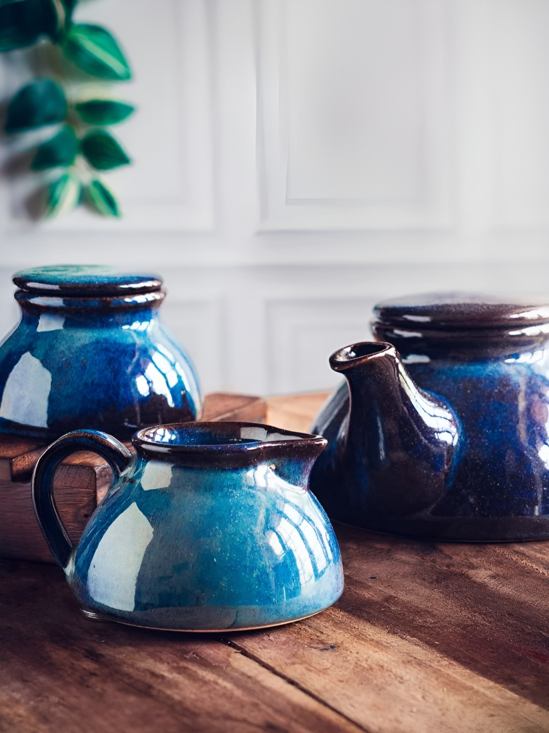AMALAFIEE CERAMICS Blue 3 Pieces Ceramic Tea Set