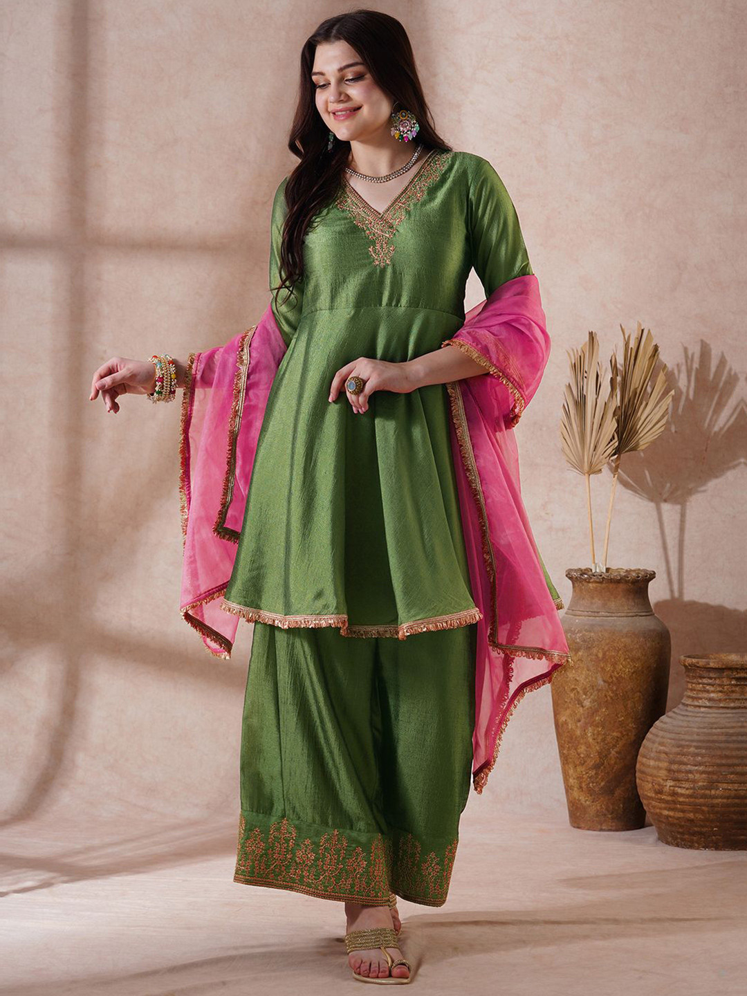 Globus Embroidered Gotta Lace A-Line Sequin Taping Kurta with Palazzos & Dupatta Set