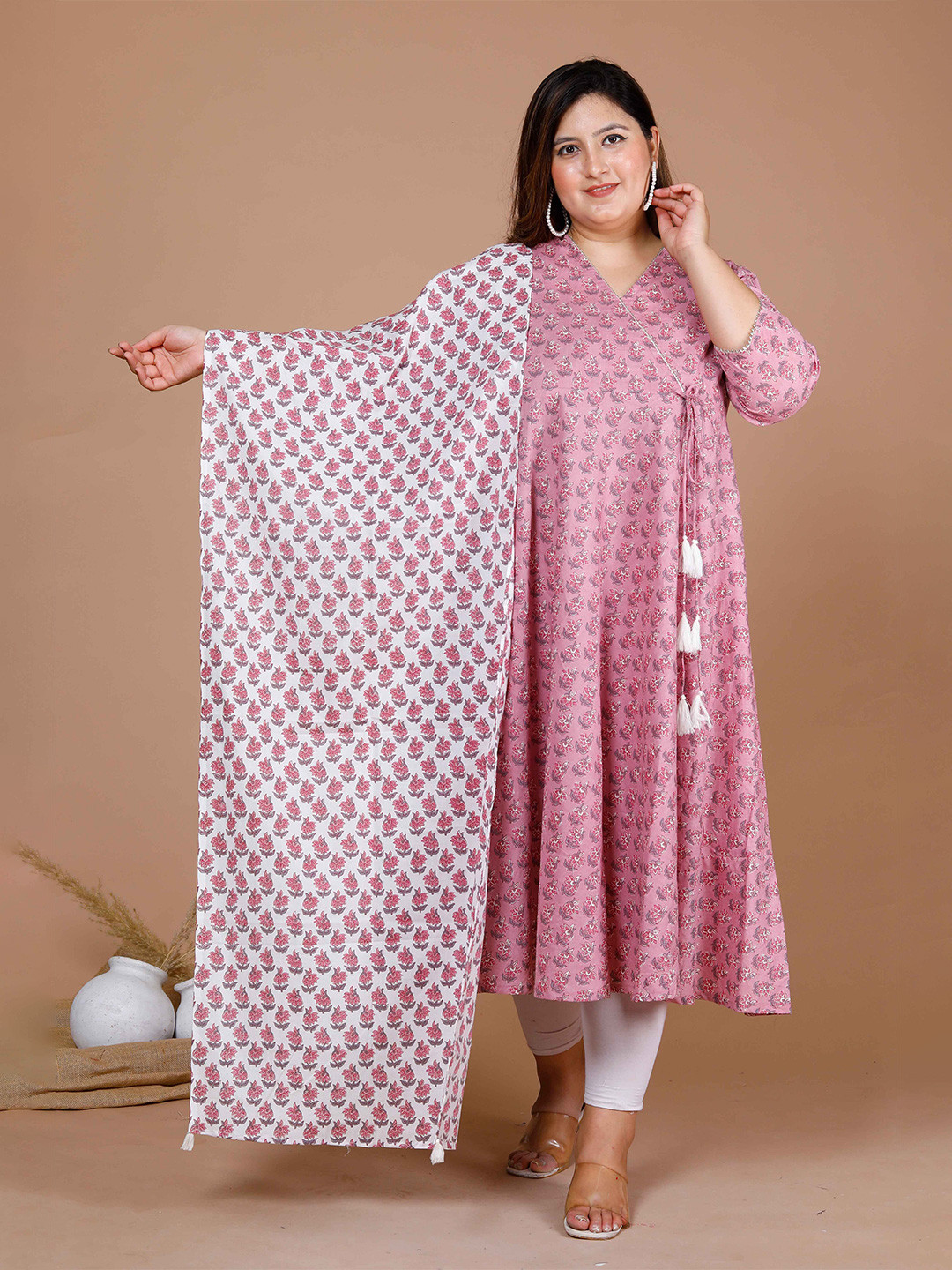 Doriyaan Plus Size Floral Printed V-Neck CottonAngrakha Anarkali Kurta With Dupatta