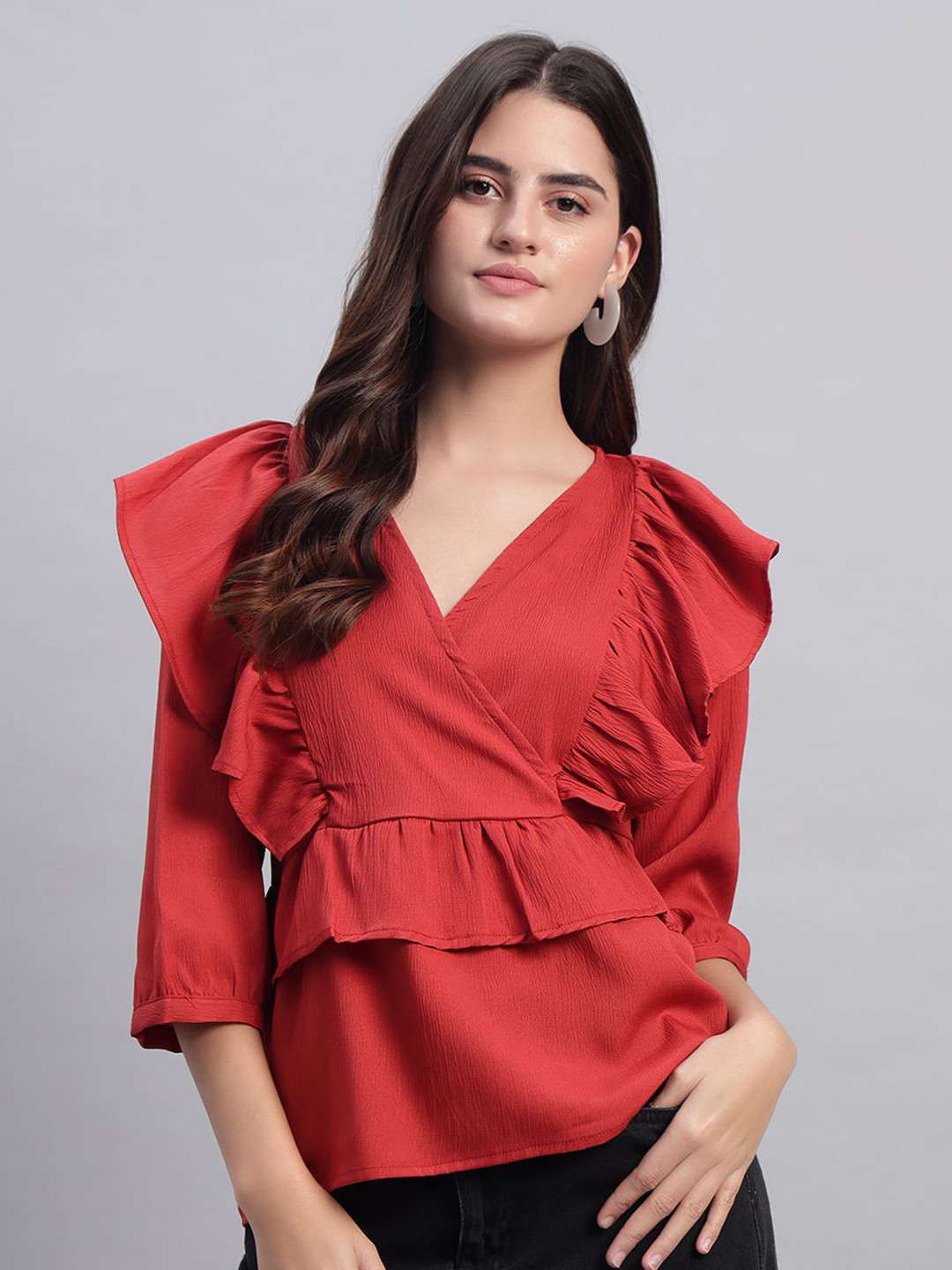 ROSEMELON Women Puff Sleeve Ruffles Crepe Regular Top