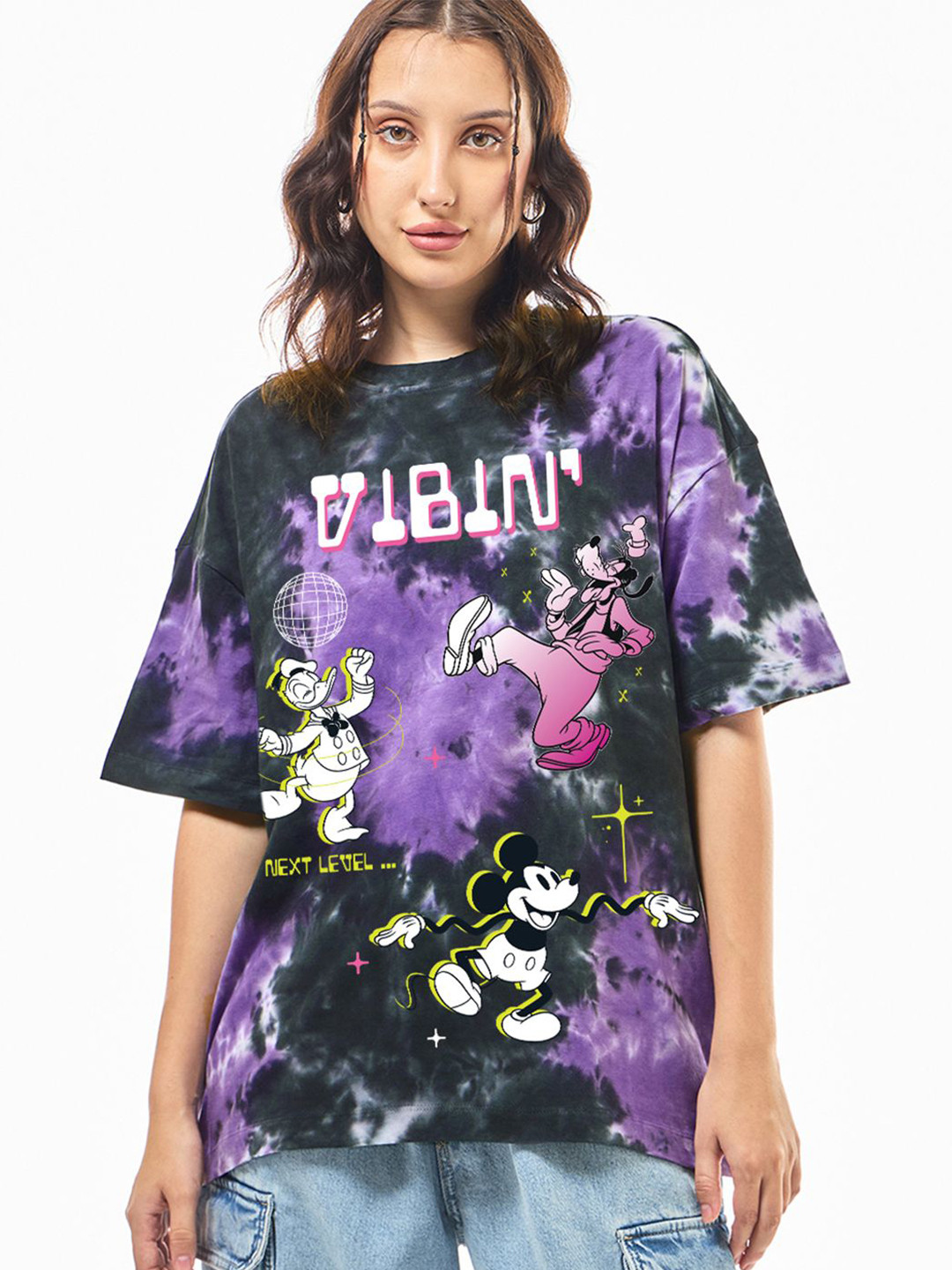 Bewakoof Official Disney Merchandise Black & Purple Vibing Together Print Oversize T-shirt