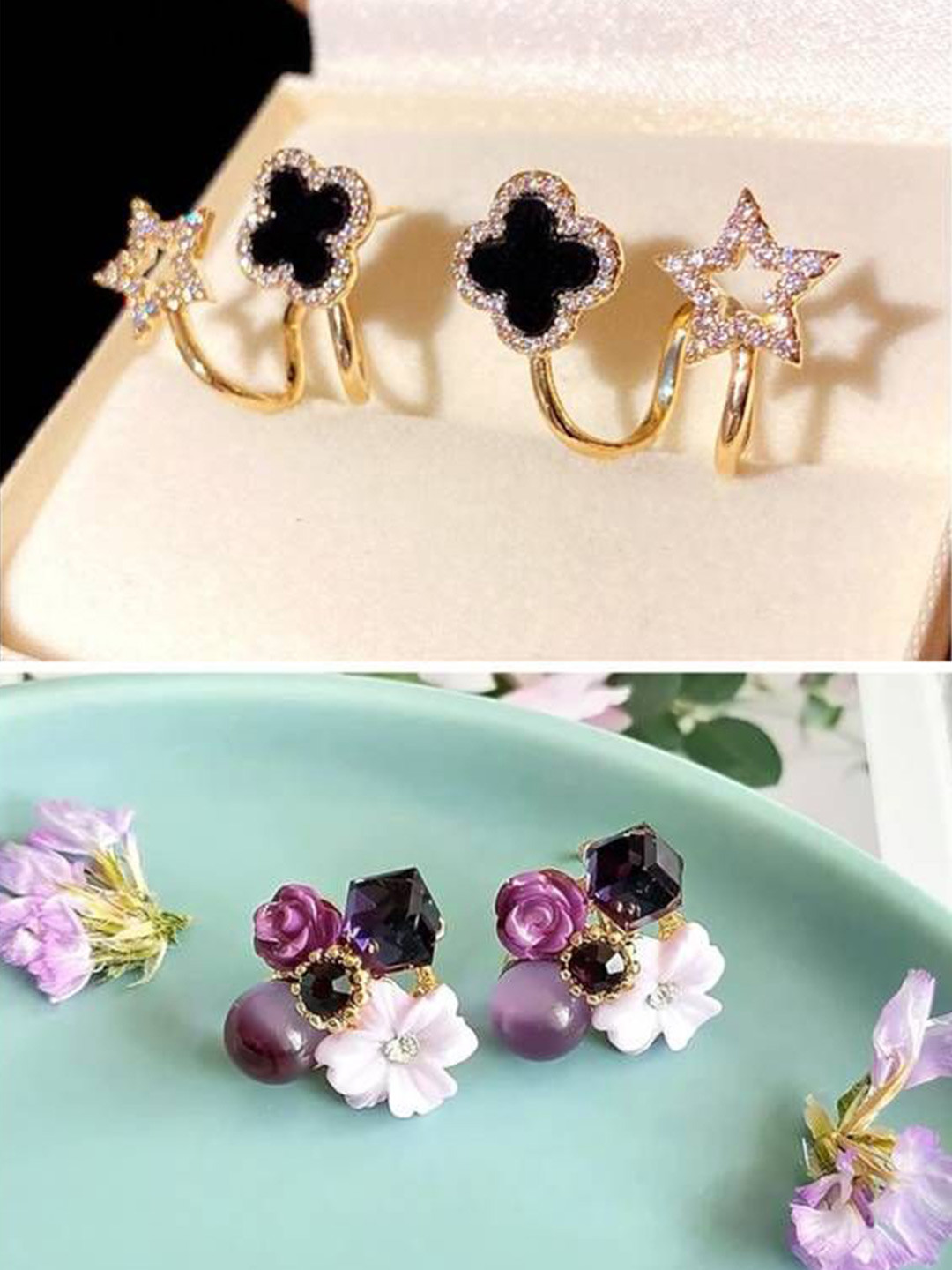DressBerry Set Of 2 Agate Studded Floral Shaped Ear Cuffs