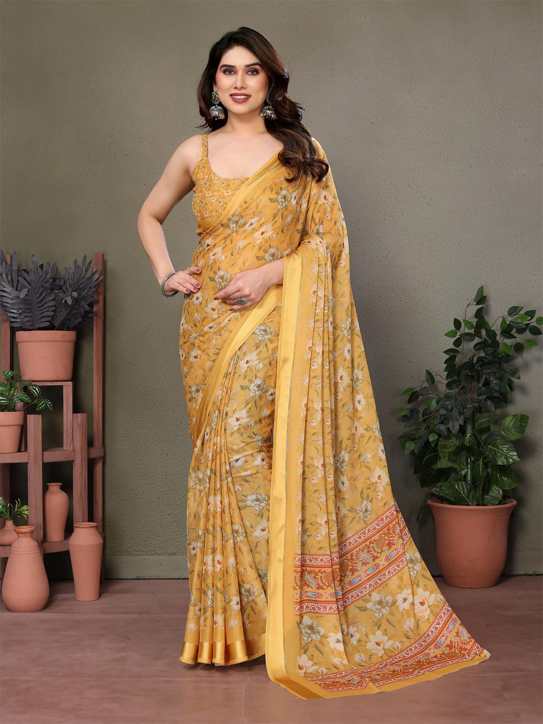 DIVASTRI Royal Floral Printed Satin Saree