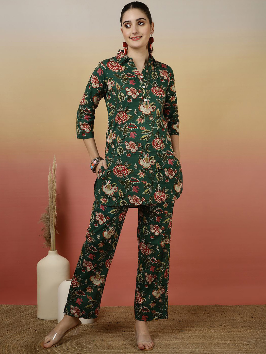 GLAM ROOTS Printed Shawl Neck Pure Cotton Tunic With Trousers