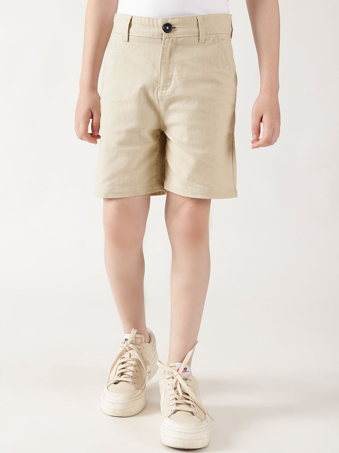 One Friday Boys Beige Regular Fitted Solid  Cotton Chino Shorts