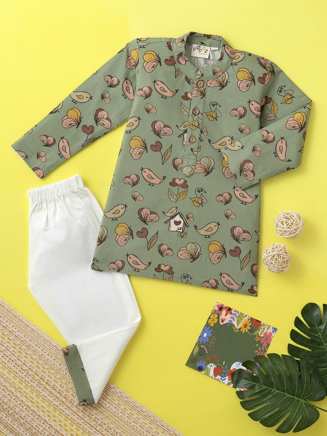 Desi Soota Boys Butterfly & Birds Printed Regular Pure Cotton Kurta With Pyjamas