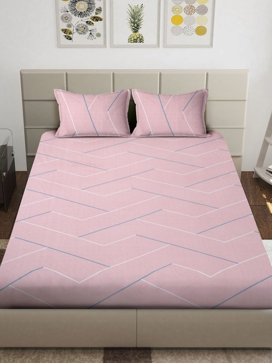 Arrabi Pink Abstract Cotton 310 TC Fitted King Fine Bedsheet with 2 Pillow Covers-254 x 203 cm
