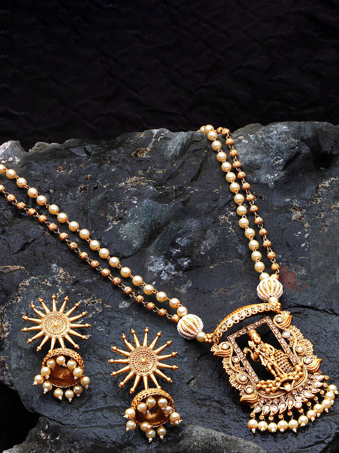 JYONA Gold-Plated Stone Studded & Pearls Beaded Lakshmi Temple Jewellery Set