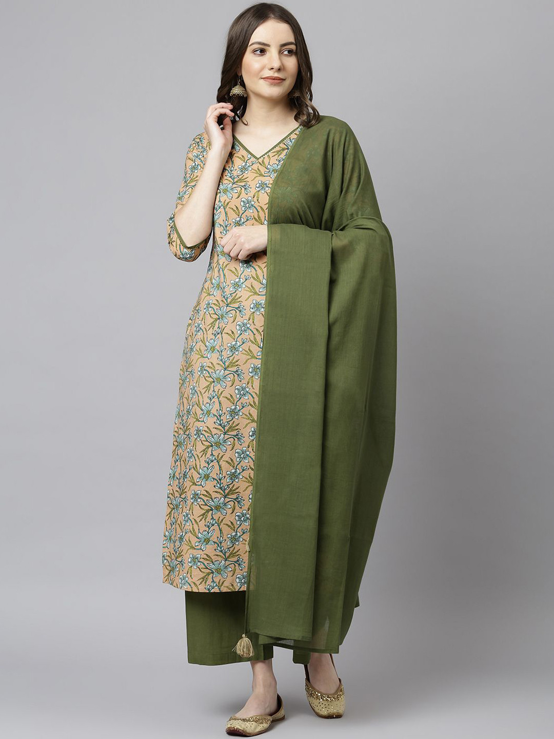KALINI Floral Printed V Pure Cotton Straight Kurta With Palazzos And Dupatta