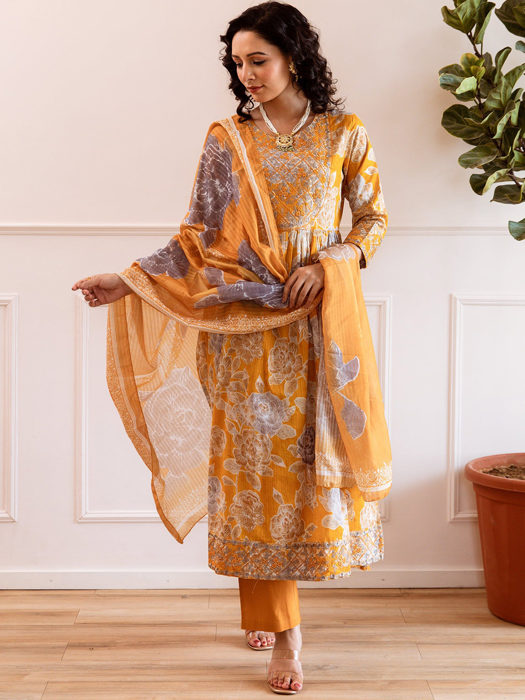 Sangria Floral Printed Pleated Embroidered Pure Cotton ALine Kurta & Trousers With Dupatta