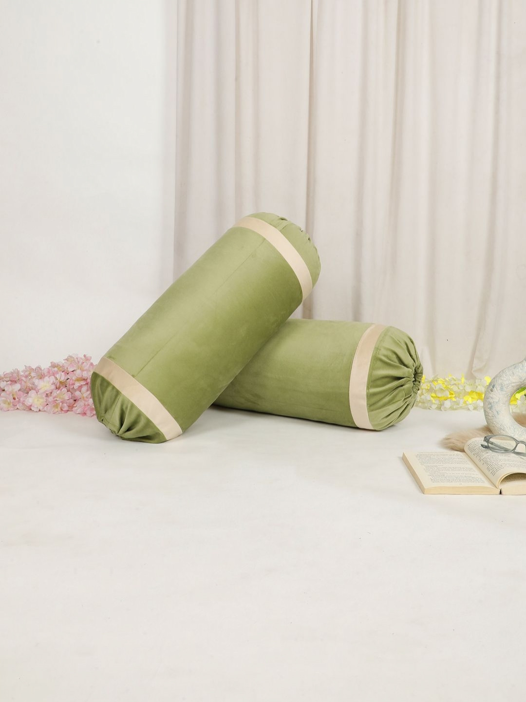 THE CONVERSION Green & Cream Striped Bolster Covers