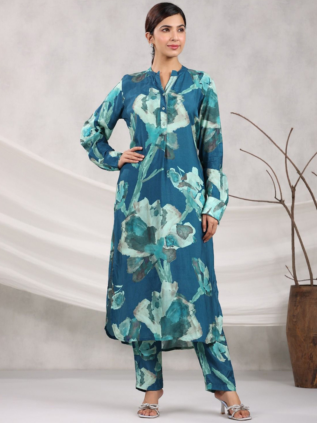 AUTUMN LANE Pavitra Ocean Floral Printed Pure Cotton A-Line Kurta With Trouser