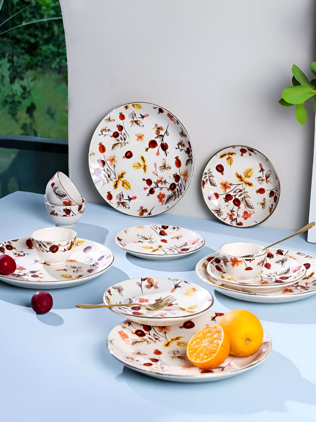 AMALAFIEE CERAMICS Anaara White Floral Ceramic Dishwasher and Microwave Safe 12 Piece Dinner Set