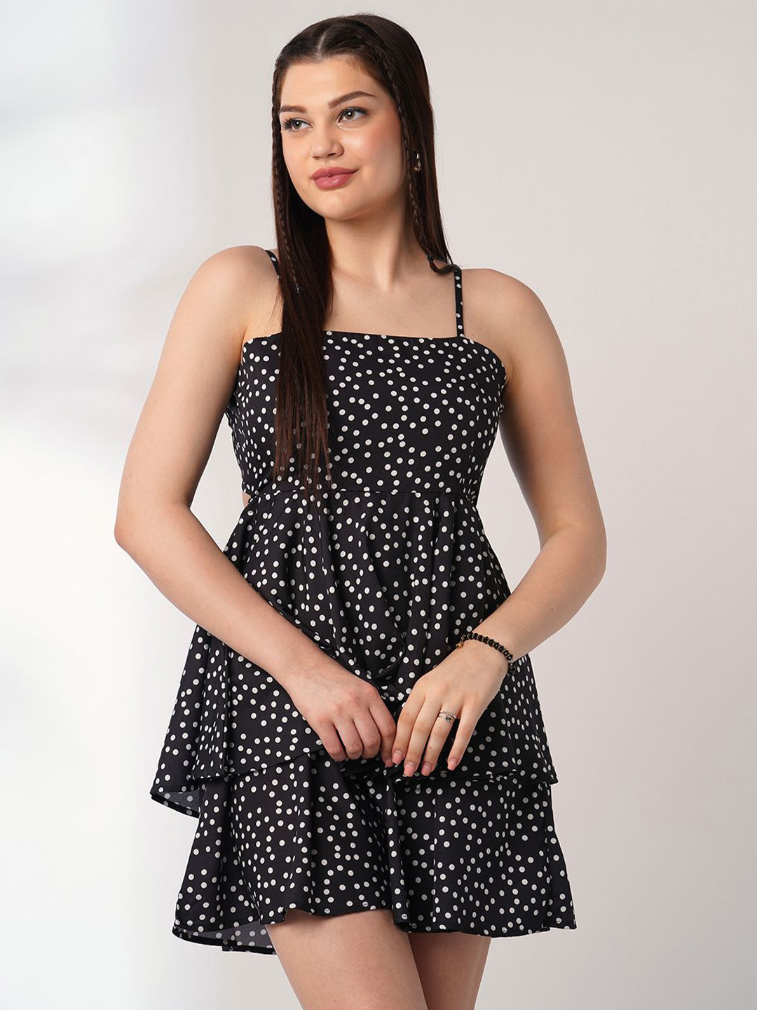 Globus Polka Print Square Neck Strappy Shoulder Back Tie-Up Mini Party Wear Playsuit