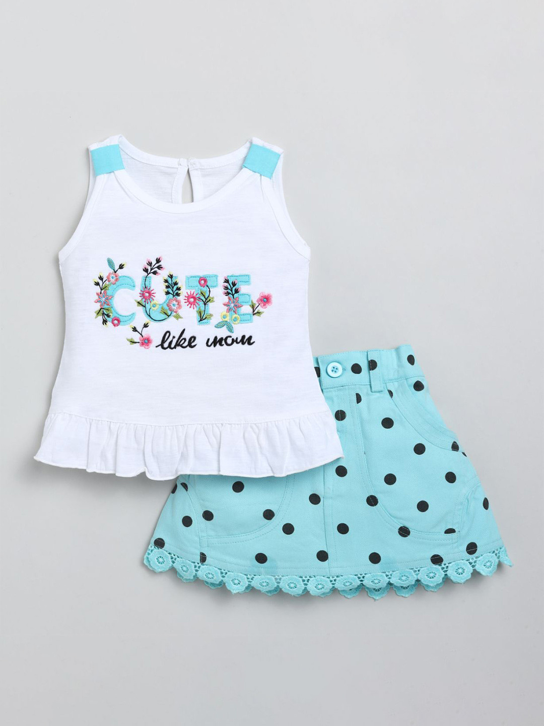 SNUGGLY MONKEY Girls Embroidered Round Neck Pure Cotton Top With Skirt