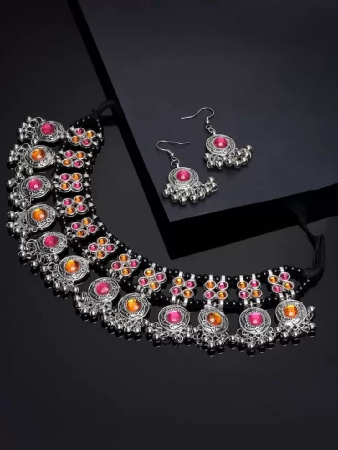SZN Set Of 2 Stones Studded & Beaded Oxidised Jewellery Set