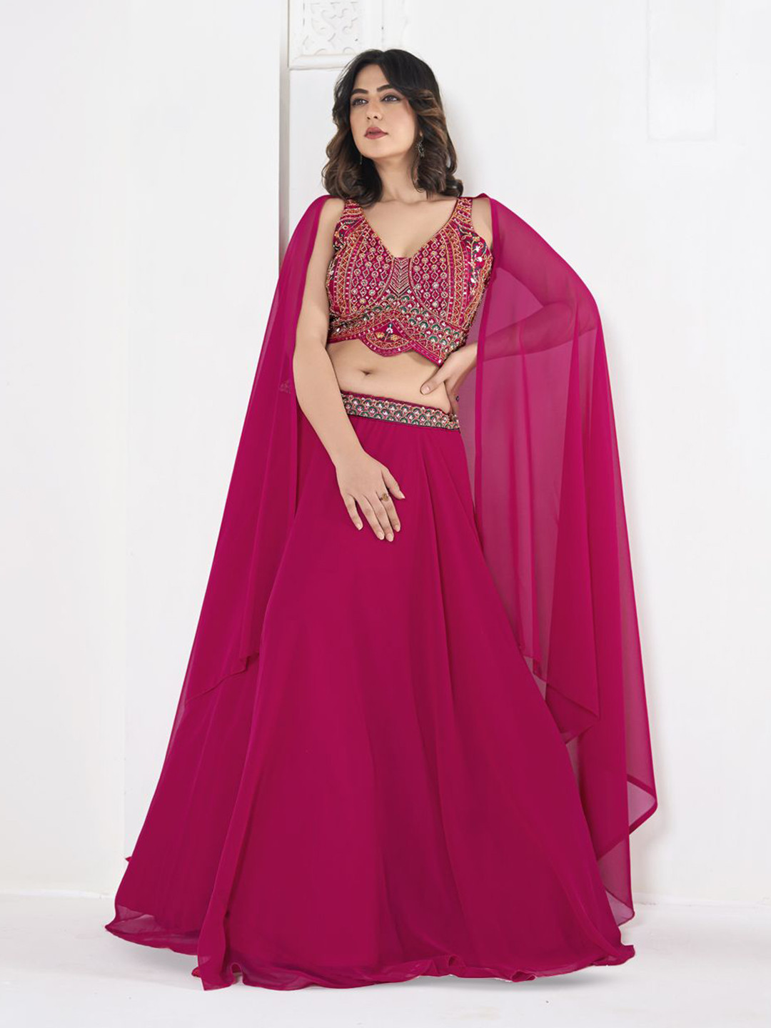 Warthy Ent Embellished Beads and Stones Semi-Stitched Lehenga & Unstitched Blouse With Dupatta