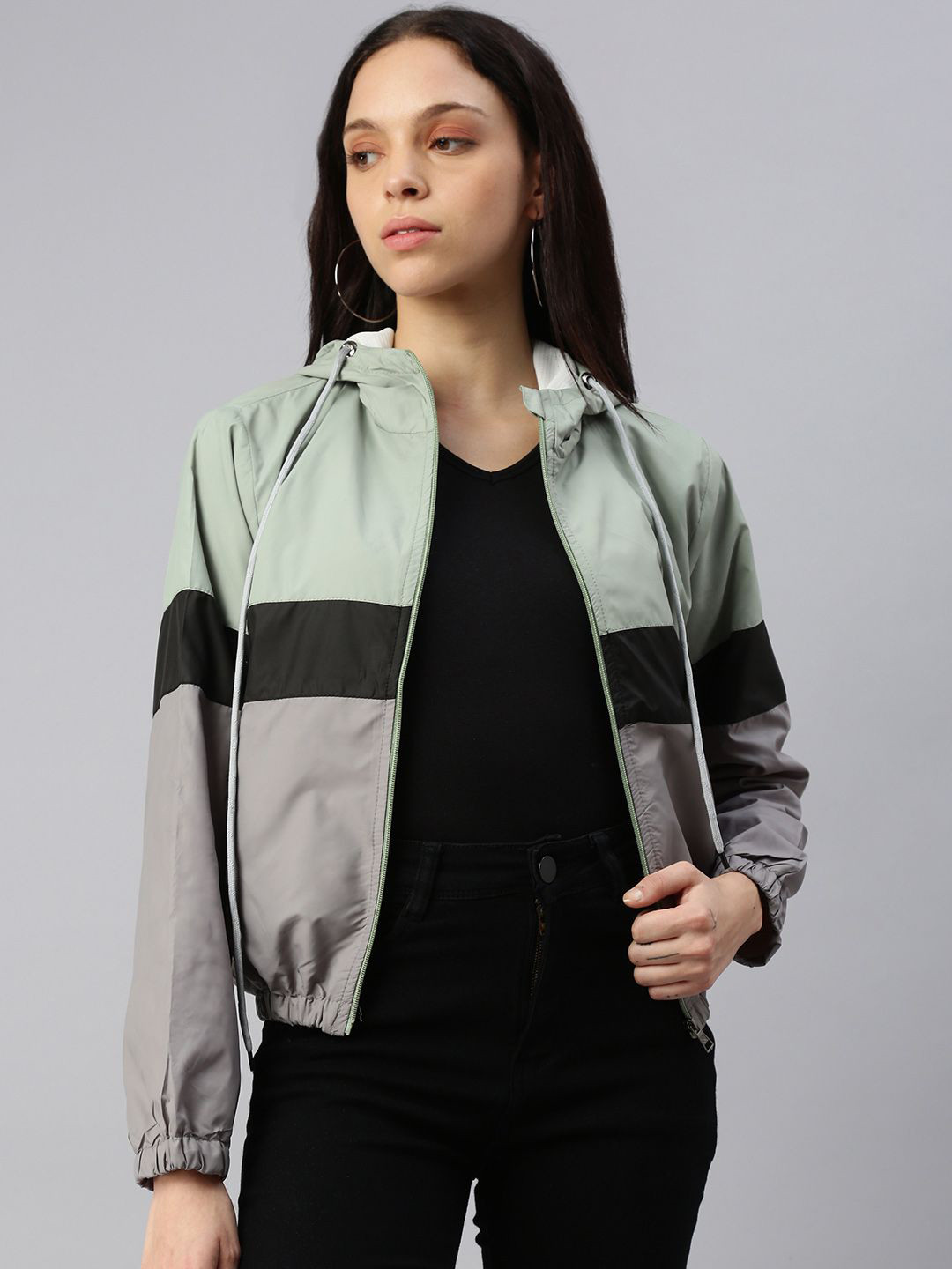 Sea Green Colourblocked Hooded Jacket with Patchwork